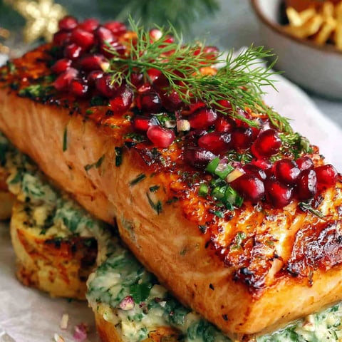 A salmon dish with a green topping.