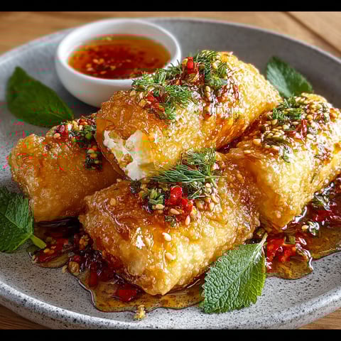 A plate of oven fried feta rolls with chili honey.