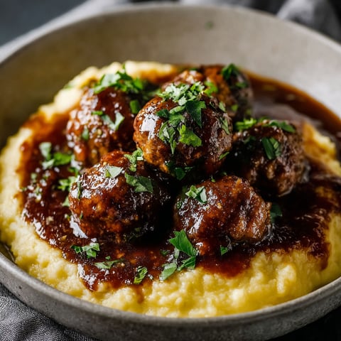 A bowl of red wine braised meatballs.
