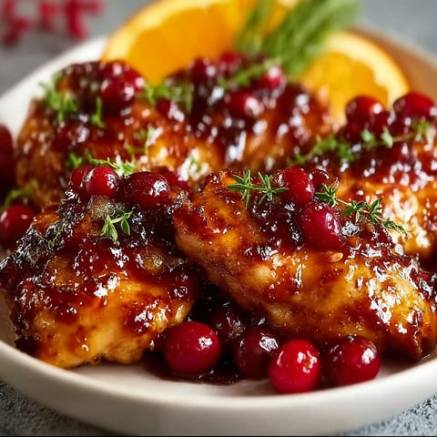 A plate of chicken with cranberry and orange glaze.