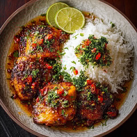 A plate of spicy maple chicken and coconut rice.