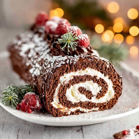 A Yule Log Cake with white frosting and raspberries.