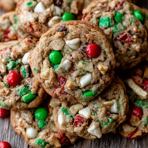 A pile of Christmas cookies with green and red decorations.