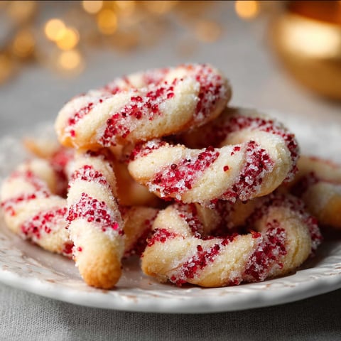 A plate of red and white sprinkled cookies.