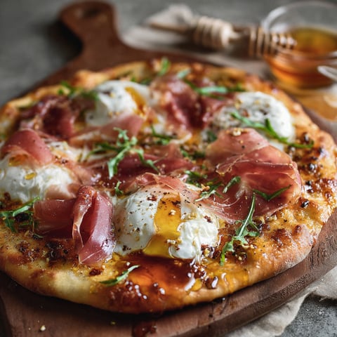 A pizza with prosciutto and honey burrata.
