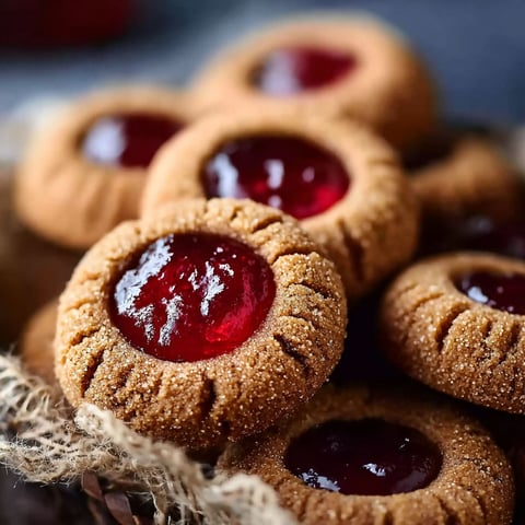 A close up of a gingerbread thumbprint cookie with cranberry jam.