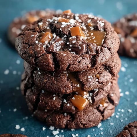 A stack of double chocolate salted caramel cookies.