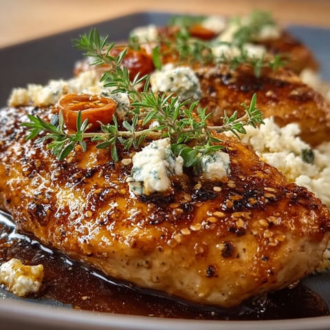 A plate of chicken with feta cheese and honey.
