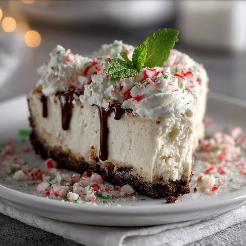 A slice of no-bake peppermint cheesecake with chocolate drizzle.