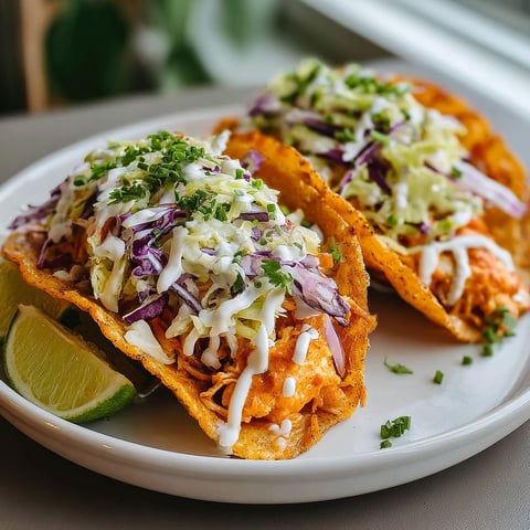 Two tacos with shredded cheese and sauce on a plate.