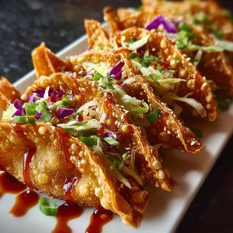 Crispy chicken wonton tacos on a plate.