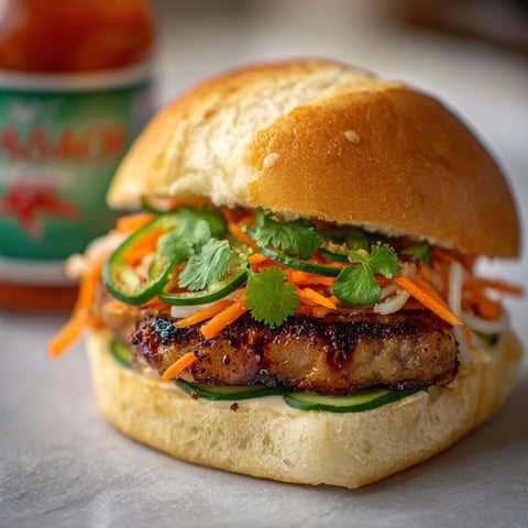 A pork banh mi smash burger with carrots and cucumbers.