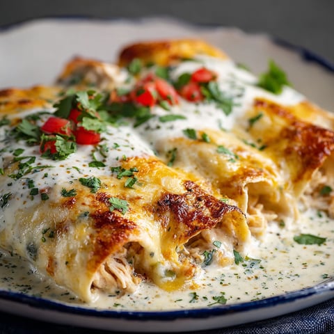 A plate of chicken enchiladas with white sauce.
