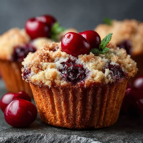 A close up of a muffin with cherries on top.