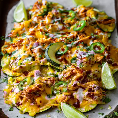 A plate of cheesy BBQ chicken zucchini nachos.