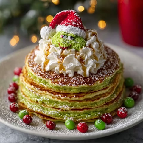 A stack of pancakes with whipped cream and a green hat on top.