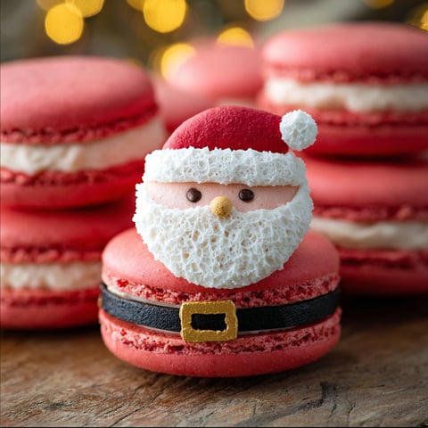 A macaron with a Santa Claus hat on top.