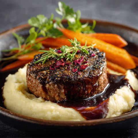 A delicious meal of herb-crusted filet mignon with red wine reduction and root veget on creamy mash.