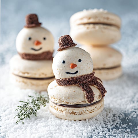 Snowman macarons with chocolate and marshmallow toppings.