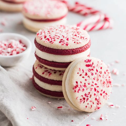 A stack of peppermint butter cookie sandwiches.