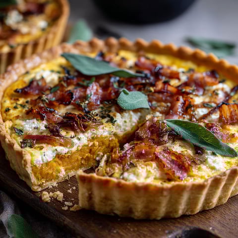 A pumpkin, ricotta and caramelized onion tart with bacon and sage.