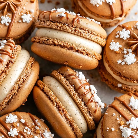 Gingerbread macarons with white powdered sugar.