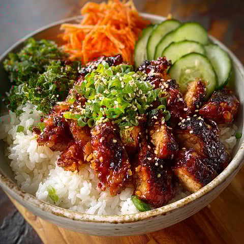 A spicy Korean BBQ chicken rice bowl.