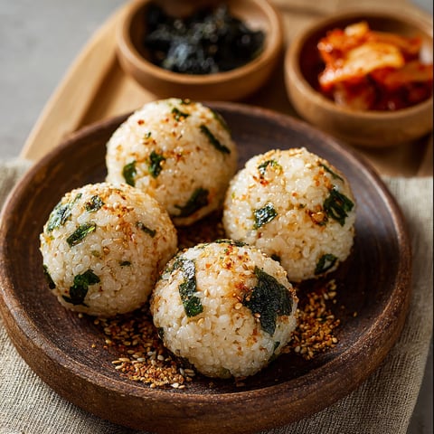Three rice balls with green stuff on them.