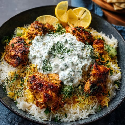 A bowl of rice with chicken and a yogurt sauce.