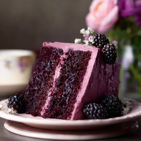 A slice of blackberry velvet cake.
