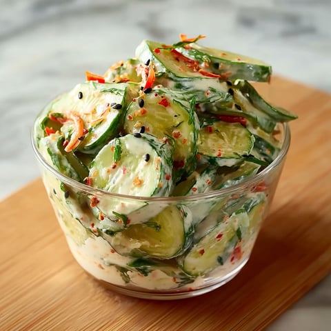 A bowl of cucumber salad with a creamy dressing.