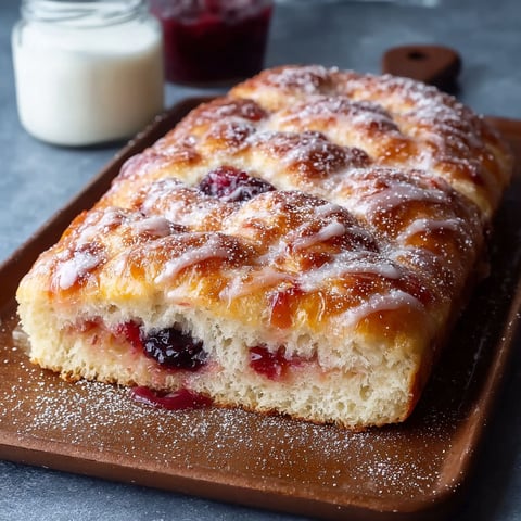 A homemade jam donut focaccia with powdered sugar on top.