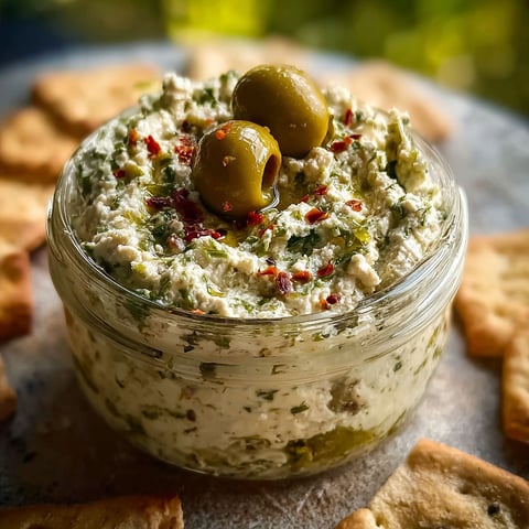 A jar of creamy feta and green olive spread.