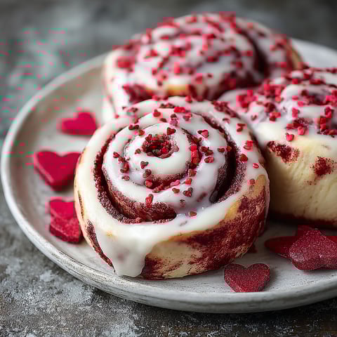 Three red velvet cinnamon rolls with red hearts on a plate.