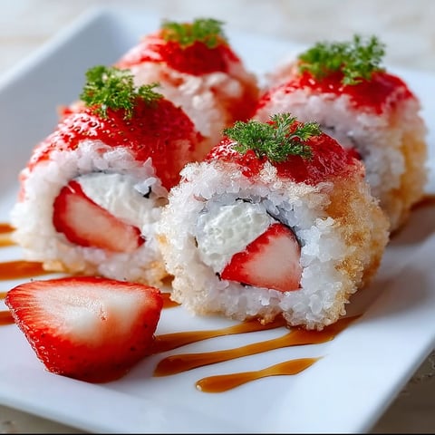 A plate of sushi rolls with strawberries on top.