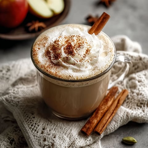 A cup of apple cider chai tea latte with cinnamon sticks on the side.