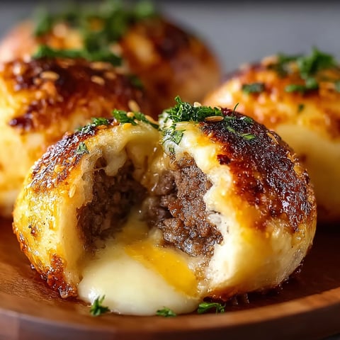 Garlic Parmesan cheeseburger bombs on a wooden platter.
