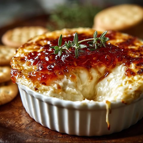 A bowl of cheese dip with pepper jelly on top.