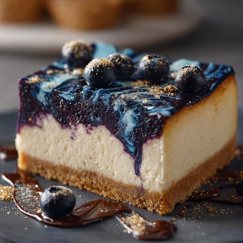 A slice of blueberry cheesecake with drizzled chocolate sauce.