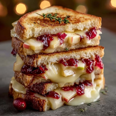 A stack of grilled cheese sandwiches with cranberry and apple.