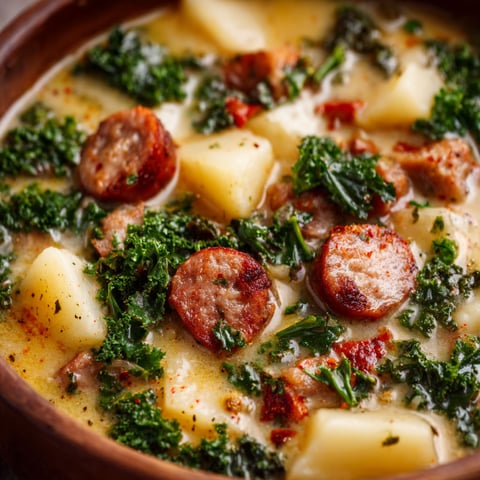 A bowl of soup with sausage, potatoes, and kale.