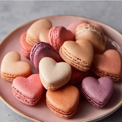 A plate of heart-shaped macarons.