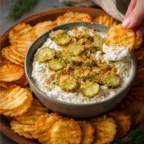A bowl of fried pickle dip with a spoon in it.