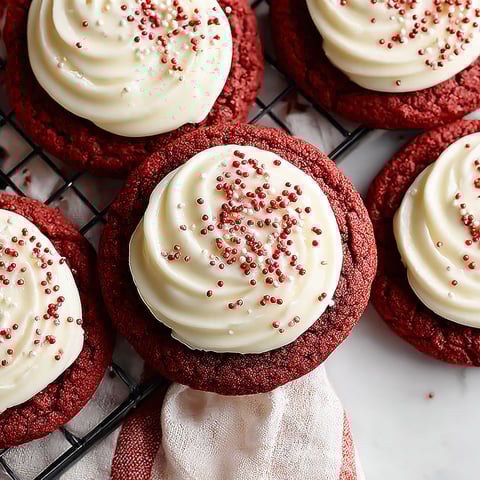 Red velvet cookies with cream cheese frosting.