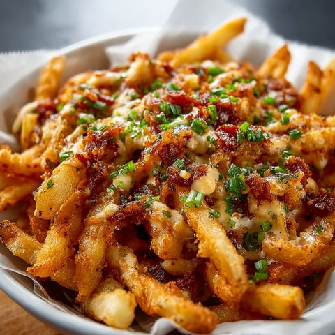 A bowl of french fries with cheese and bacon.