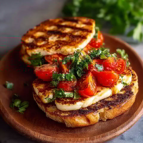 Two grilled halloumi sandwiches with tomatoes.