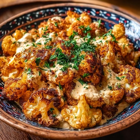 A bowl of cauliflower with tahini and honey.