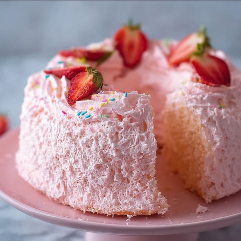 A slice of pink cake with strawberries on top.