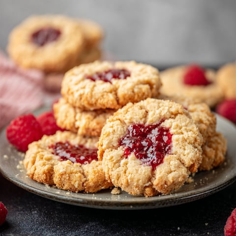 A plate of cookies with a raspberry filling.