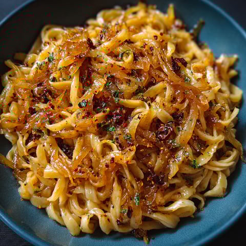 A bowl of pasta with caramelized onions and chili oil.